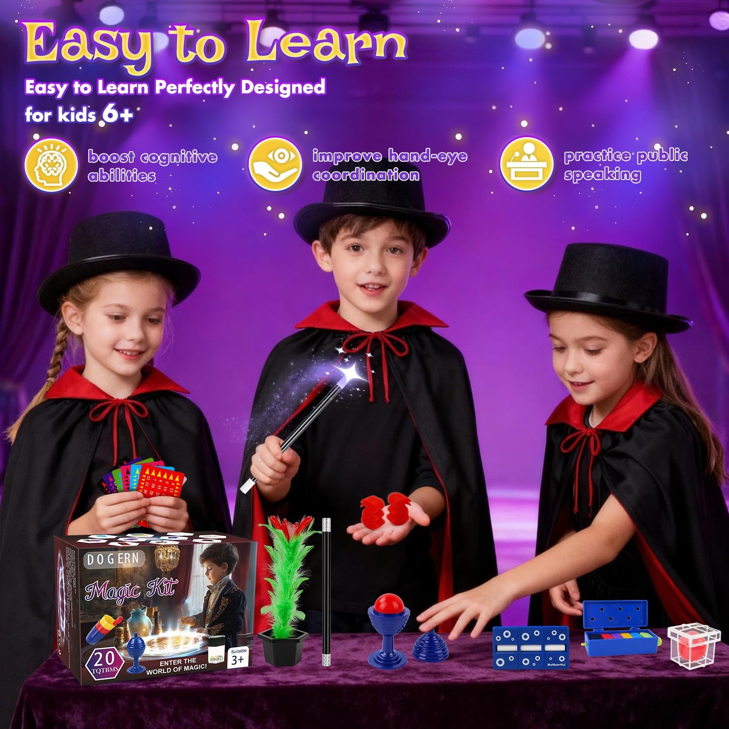 Dogern Magic Kit for Kids  Magic Tricks Set Includes Magic Wand and Magician Costume  Exciting Starter Magic Set Gift for Boys  Girls Ages 6-12  Perfect for Christmas  Halloween  and Birthday