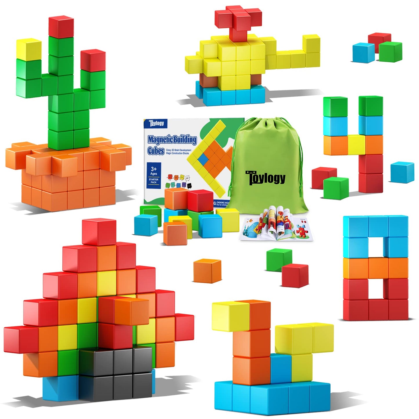 Toylogy 48PCS Magnetic Blocks - Multicolor STEM Toys for Toddlers, Large Plastic Cubes for 3-6 Year Old Boys and Girls
