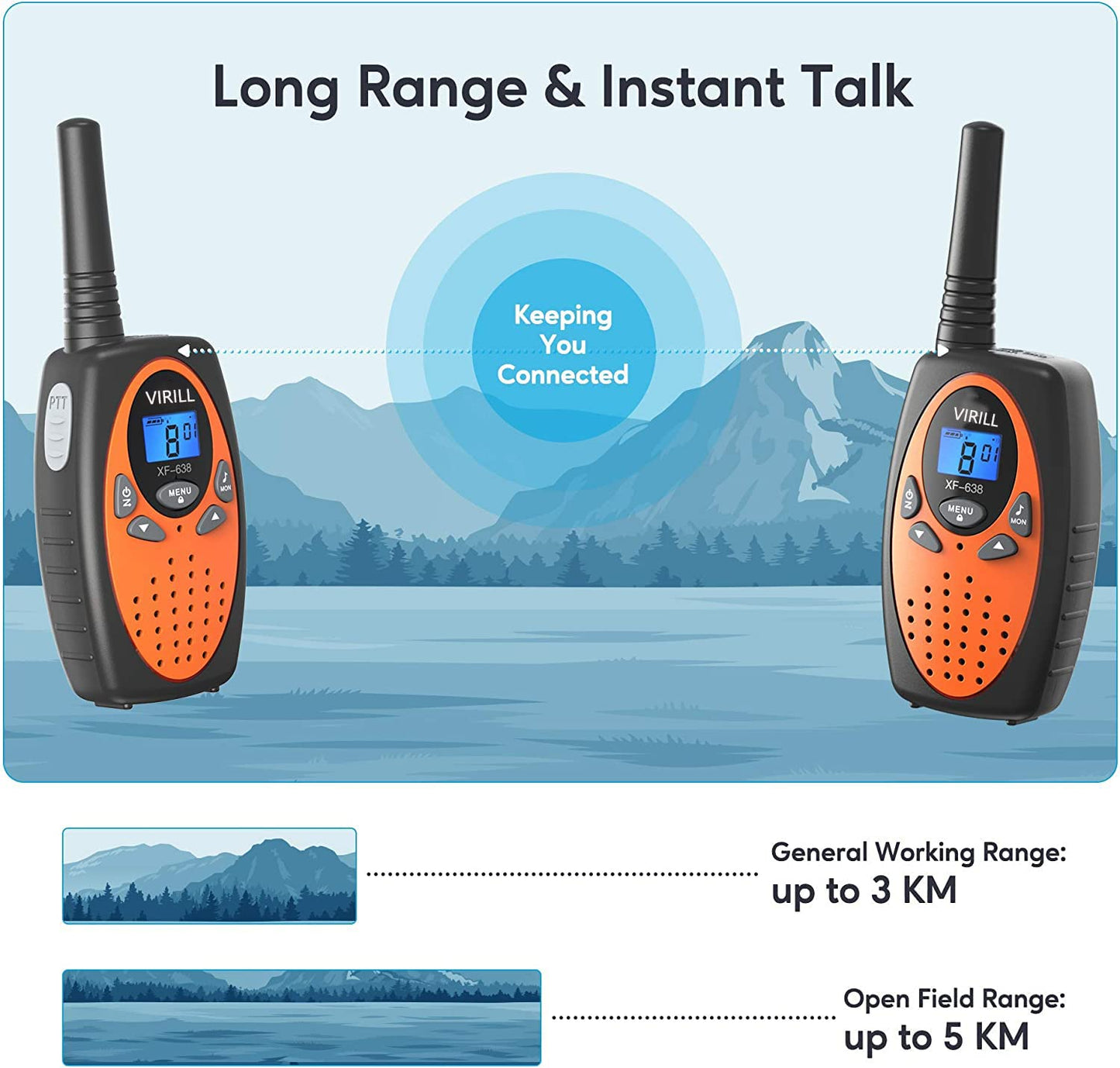 Virill Walkie Talkies 4 Pack Two Way Radios 22 Channels Vox Scan Long Distance Range With Backlit Lcd Scree For Indoor Outdoor Camping Hiking And Adventure(Orange)