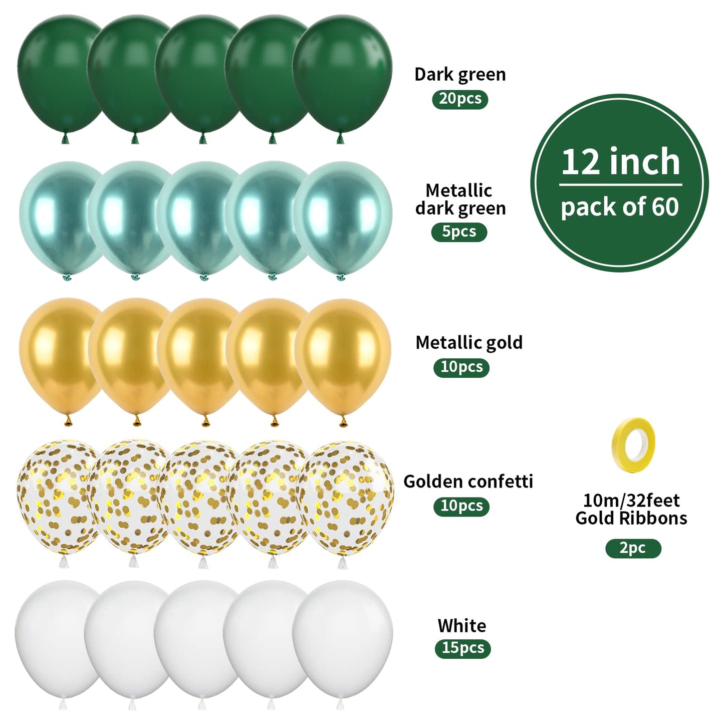 Green Gold Balloons Set, 60Pcs Dark Green White Gold Balloons, 12Inch Metallic Green Gold Latex Balloons Gold Confetti Balloons