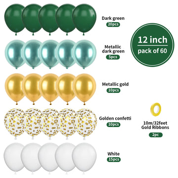 Green Gold Balloons Set, 60Pcs Dark Green White Gold Balloons, 12Inch Metallic Green Gold Latex Balloons Gold Confetti Balloons