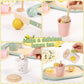 Toyssa Wooden Tea Party Set for Little Girls Toys Toddler Tea Set with Play Kitchen Accessories & Lemonade Stand & Black Board,
