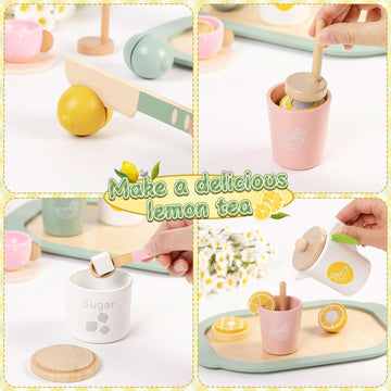 Toyssa Wooden Tea Party Set for Little Girls Toys Toddler Tea Set with Play Kitchen Accessories & Lemonade Stand & Black Board,
