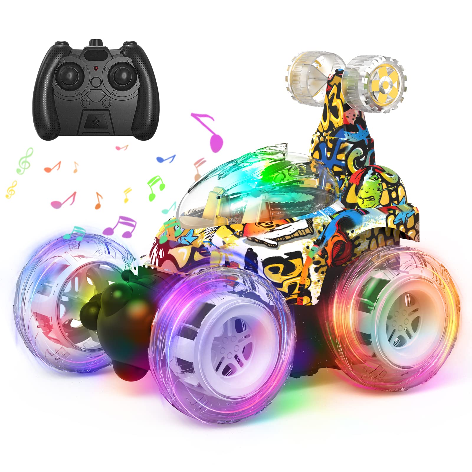 Kizeefun Remote Control Car for Kids RC Stunt Car Invincible 360Rolling Twister with Colorful Lights & Music Rechargeable Remote