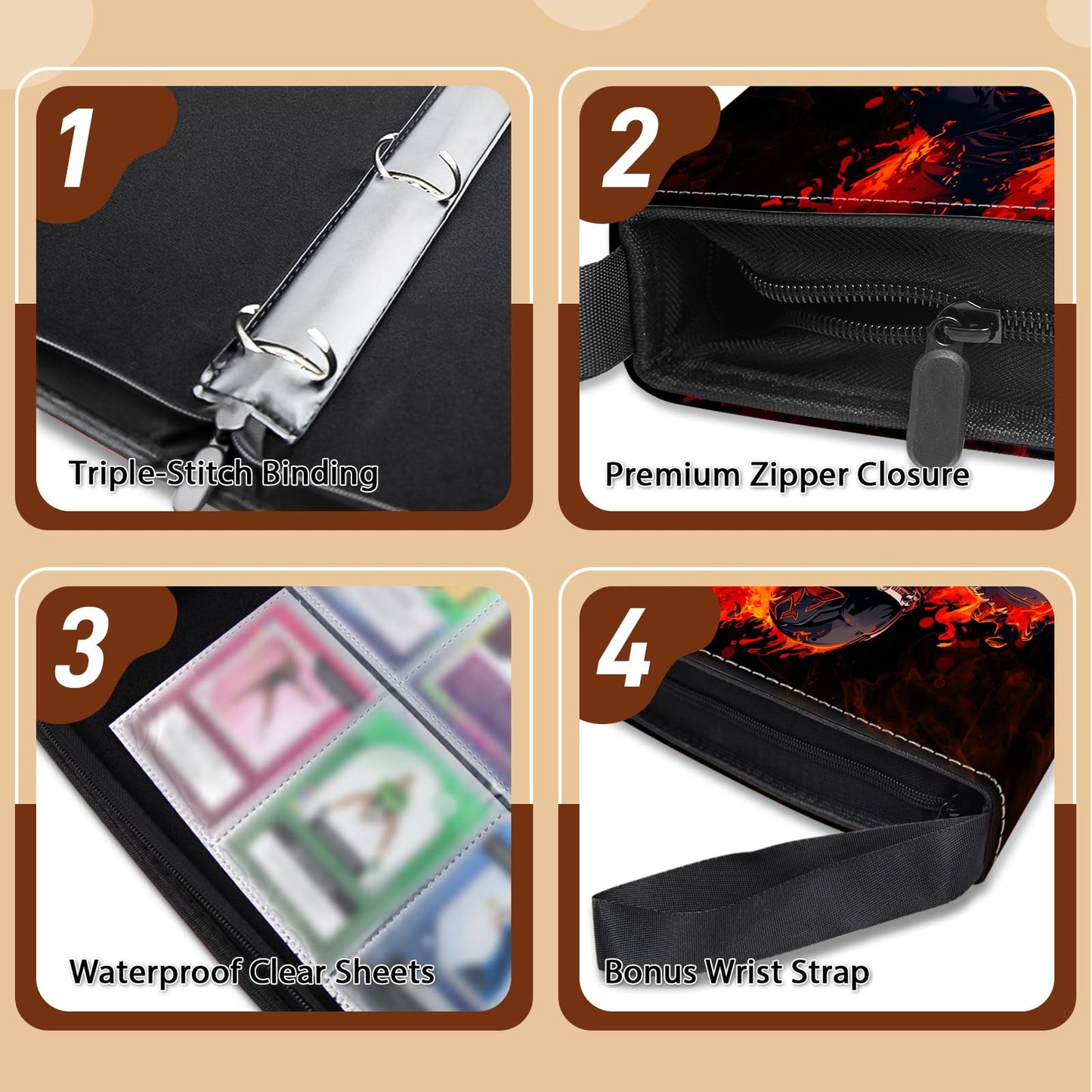 Wazzio 900 Pocket Football Card Binder  Trading Card Storage Album with 50 Durable 9-Pocket Pages  Football Design on Pocket Card Packs  Gifts for Zipper Closure Collector's Album