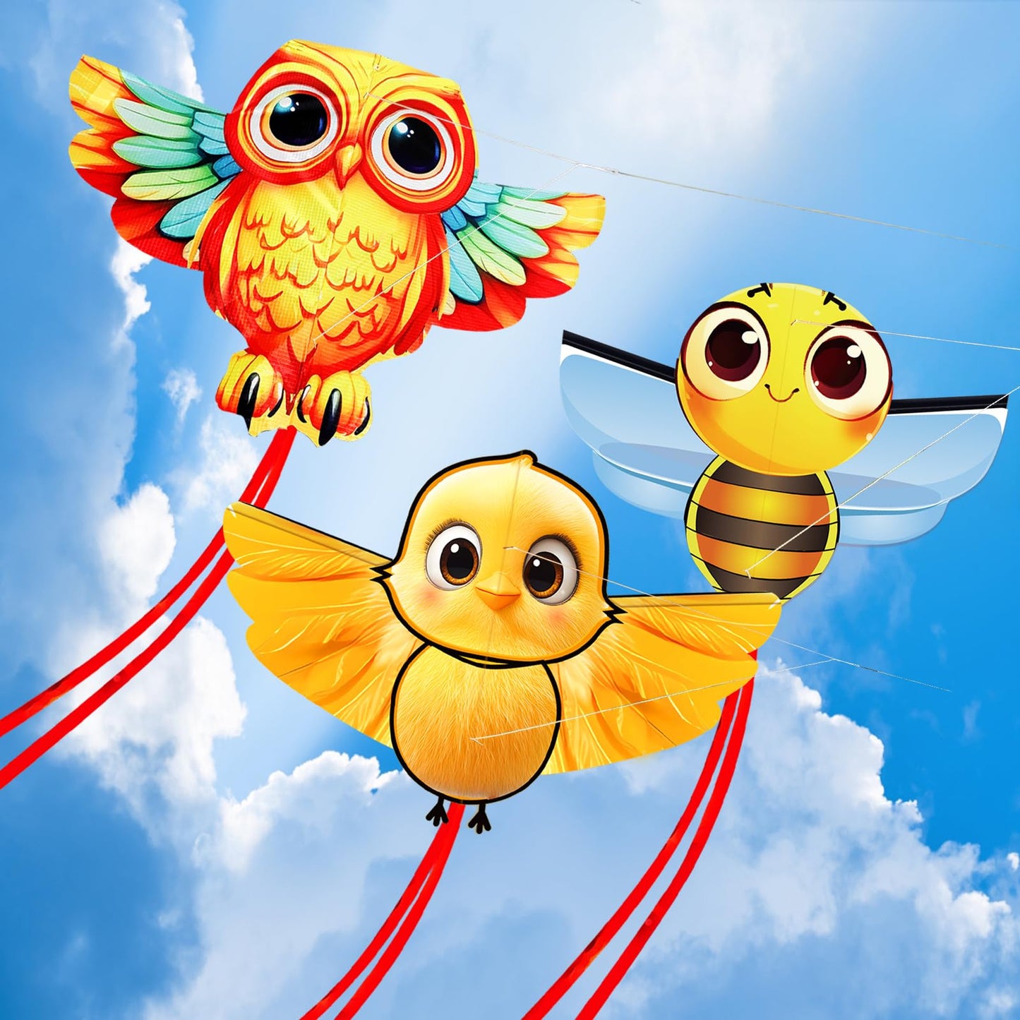 Hengda Kite 3 Pack Of Kites,Owl And Bee And Chick Kite,For Kids Beginners And Adults Cute Design High Definition Printing Easy T