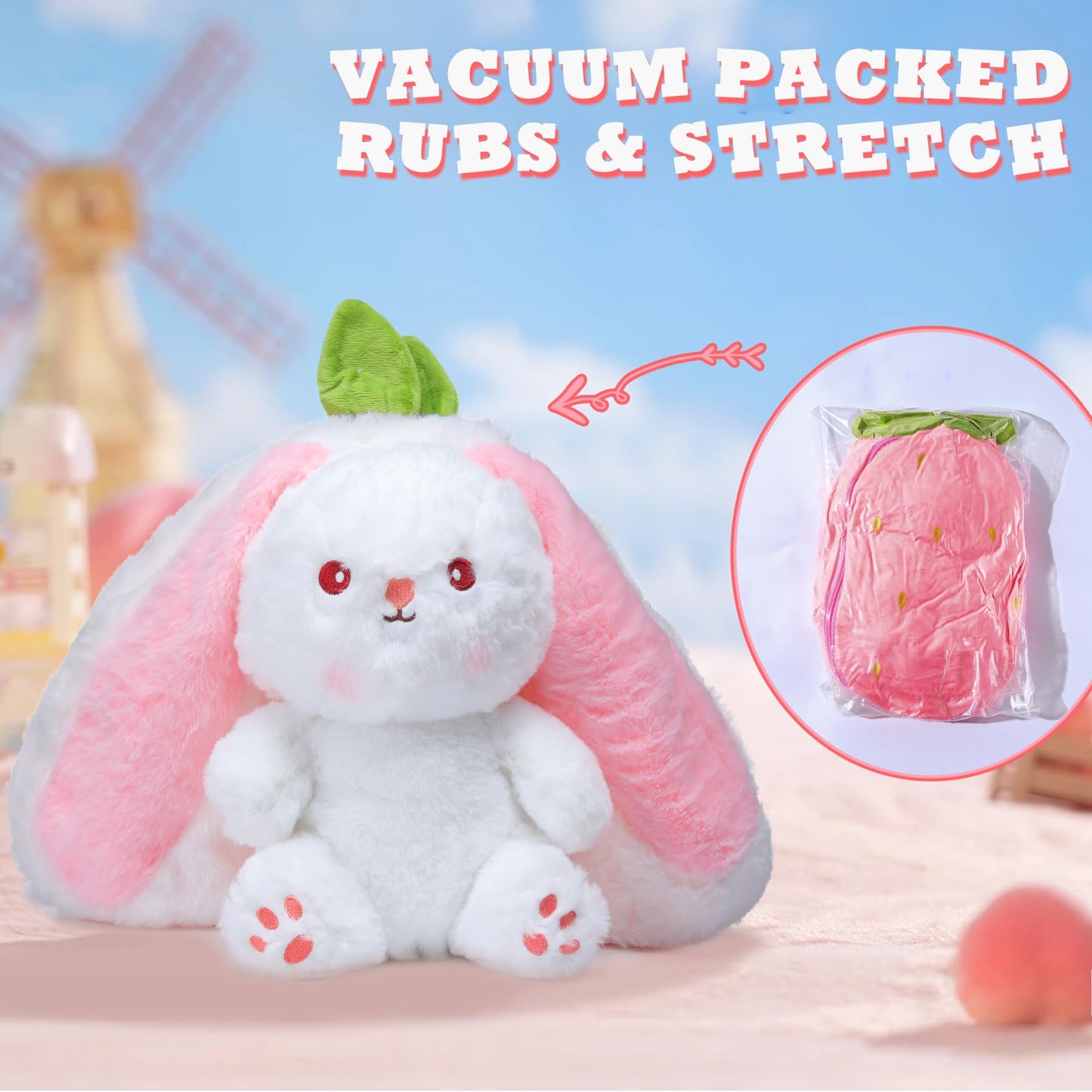 MIAODAM Bunny Stuffed Animal, Reversible Strawberry Rabbit Plush, 7 Cuddle Toy, Cute Doll for Easter & Gifts