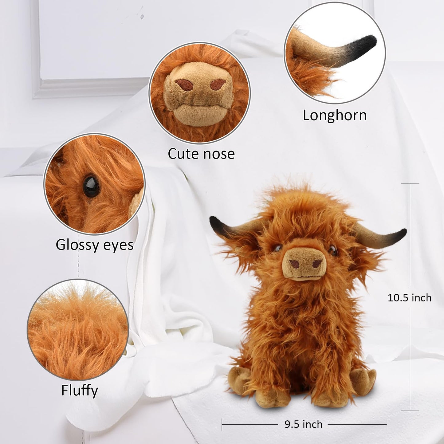 rivoeis Highland Cows Plush Toy, 10.5" Brown Cotton Stuffed Animal, Realistic Fluffy Decor for Kids and Babies