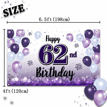 LASKYER Happy 62nd Birthday Decorations,62nd Purple Balloon Large Birthday Banner Backdrop Sign,62 Years Old Bday Party Supplies