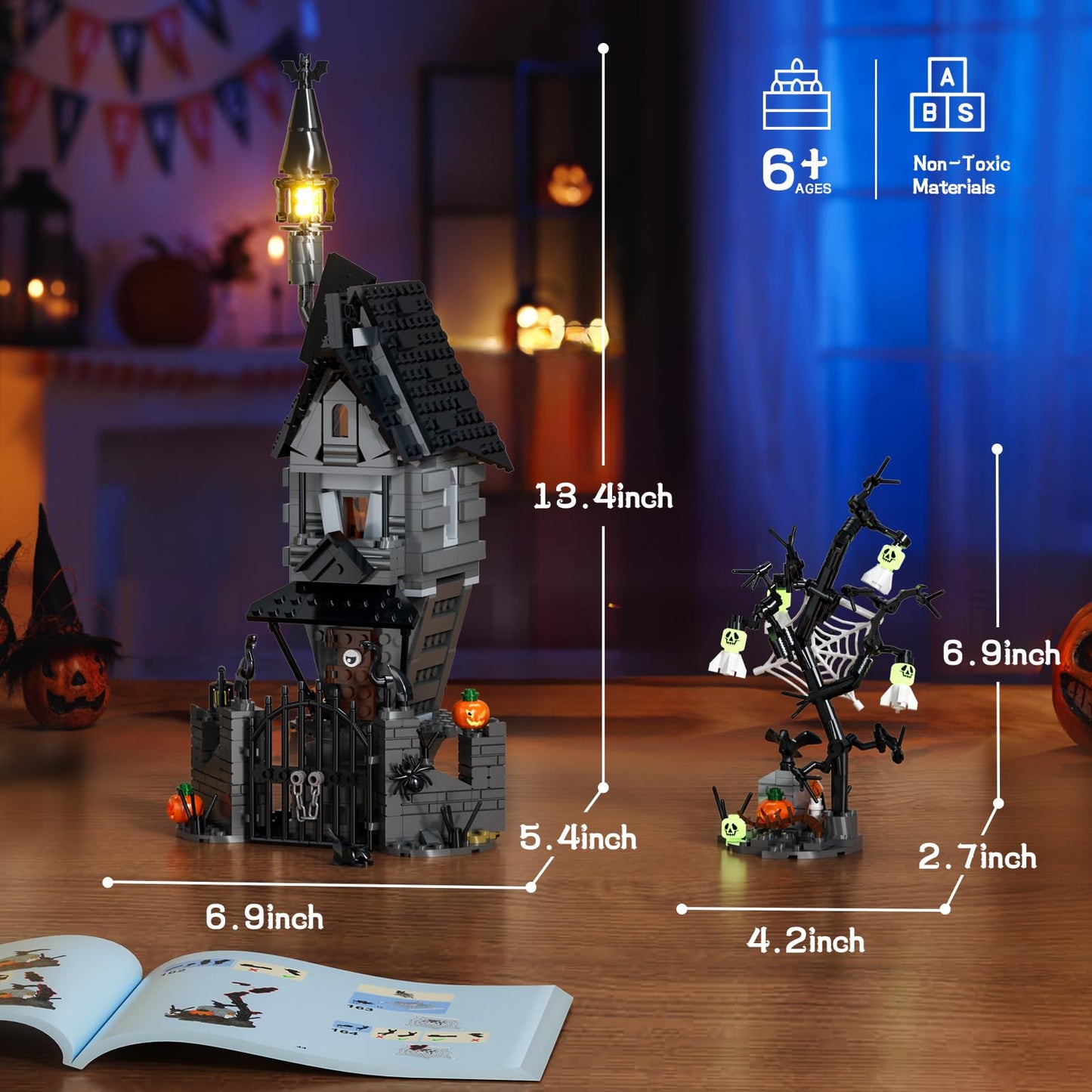 Tweandar Halloween Haunted Mansion Building Set,Before Xmas Haunted House Building Blocks Set With Light, Glow-In-The-Dark Pumpk
