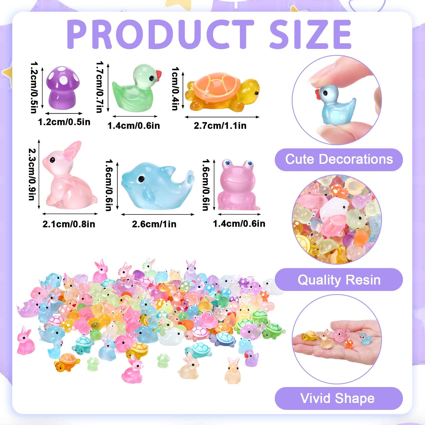 GGSTDDUP 144pcs Luminous Mini Resin Ducks  Dolphin  Turtle  Rabbit  Frog  Mushroom  Resin Animals Glow in The Dark for Dollhouse Garden Decoration (6 Styles)