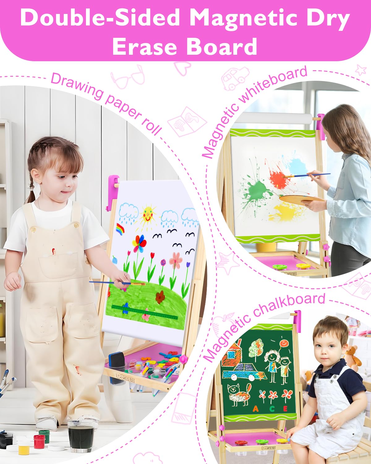 Easel for Kids,Toddler Art Easels for Painting, Stand Kids Easel White Board Dry Erase,Height Adjustable Double-Sided Magnetic W
