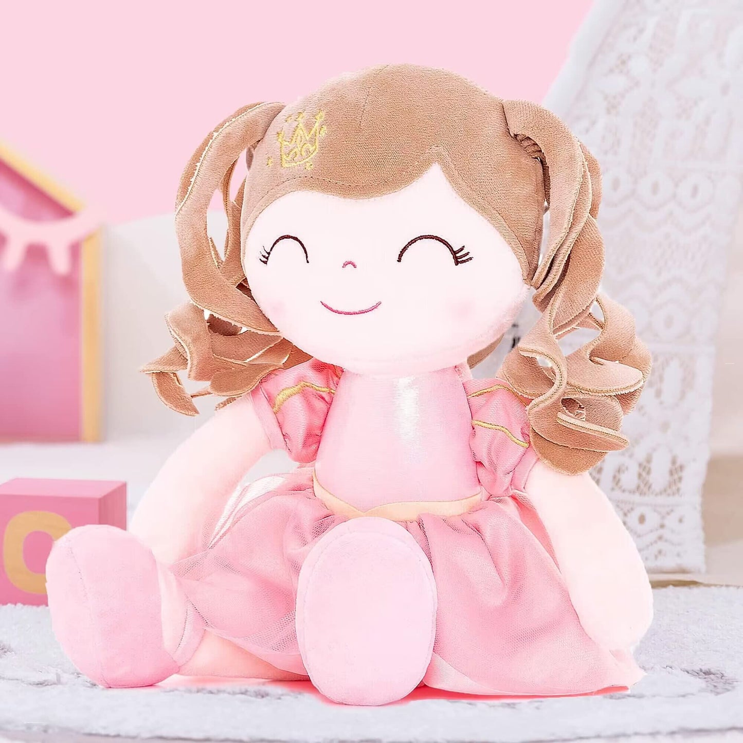 Gloveleya Dolls Baby Girl Gifts Soft Plush Doll Pink Crown Princess 14''