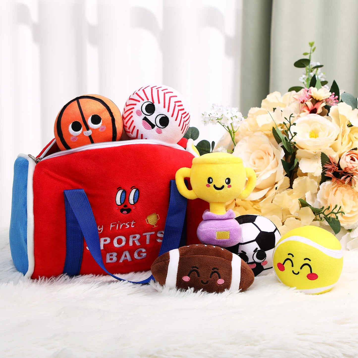 HyDren My First Sports Bag Plush Toys Playset - 7 Pcs Baby Sports Balls & Trophy for Toddlers, Small & Medium, Plush, Model MF4234