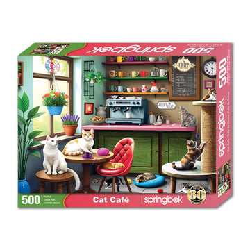 Springbok 500 Piece Jigsaw Puzzle - Kittens in Coffee Shop - Unique Cut - 18x23.5 inches - Cardboard - Cat Café - Model 33-01770