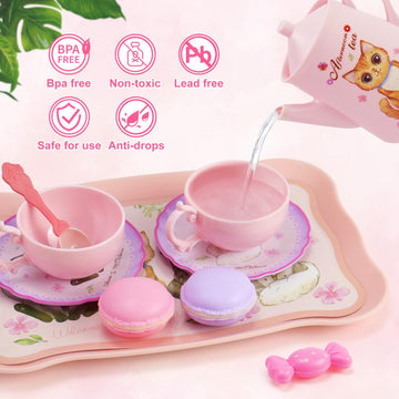 Motiloo 46pcs Cat Tea Party Set for Little Girls,Pretend Play Tea Set for Toddlers 3-8,Includes Plastics Tea Set, Desserts, and