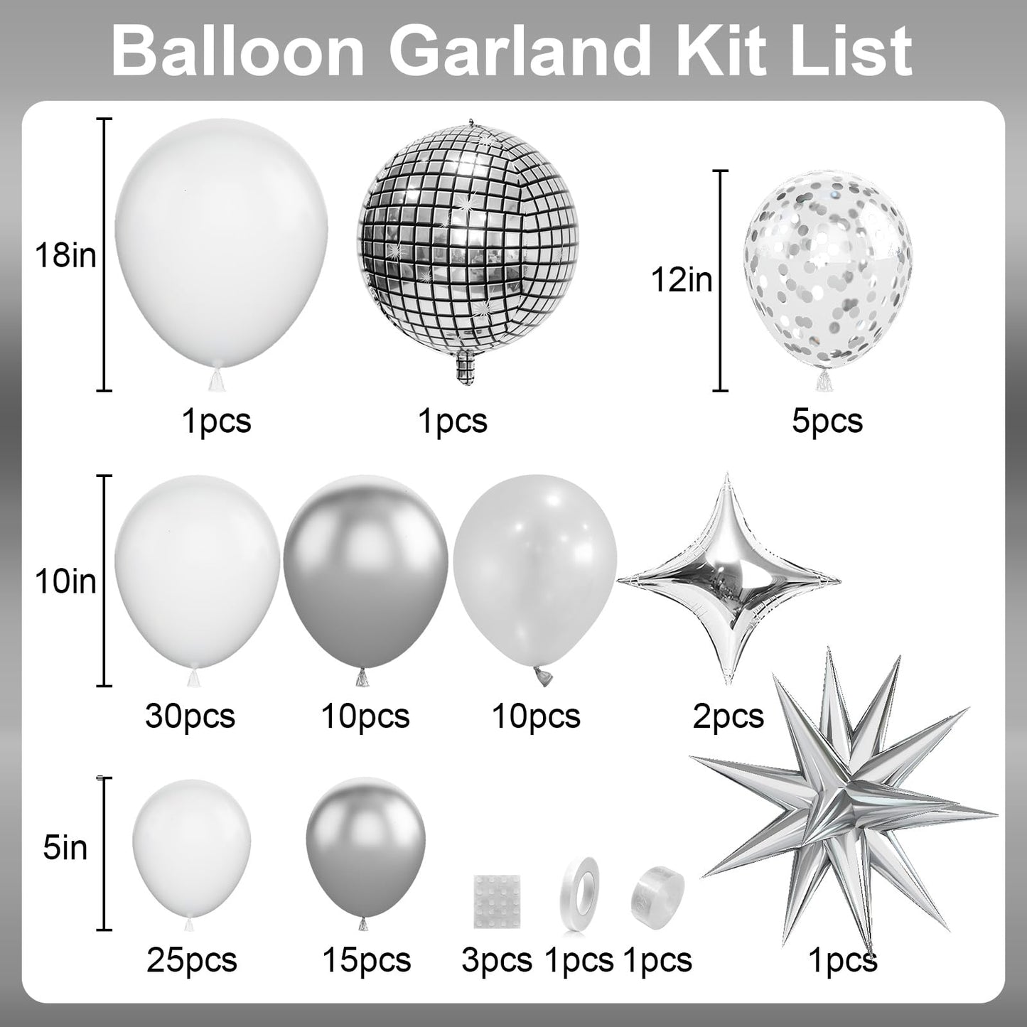 White And Silver Balloon Arch Garland Kit,White Silver Star Confetti Metallic Balloon Decoration With 18 Inch 4D Disco Silver Fo