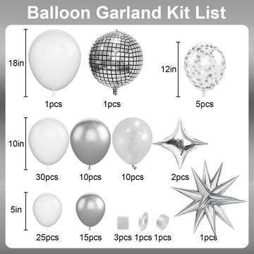 White And Silver Balloon Arch Garland Kit,White Silver Star Confetti Metallic Balloon Decoration With 18 Inch 4D Disco Silver Fo