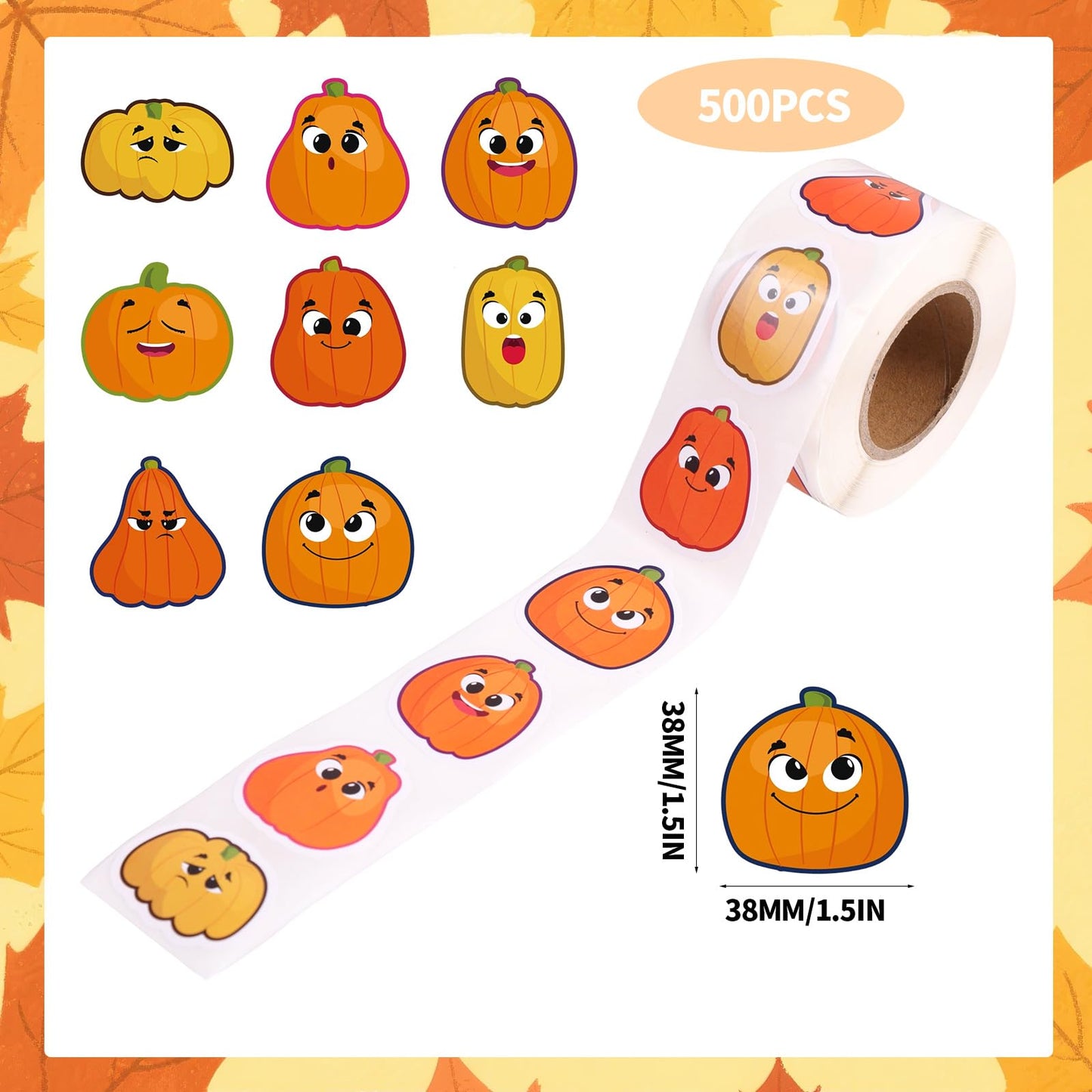 500pcs Halloween Pumpkin Stickers, 8 Styles Self-Adhesive Fall Pumpkin Stickers Decals Roll with Funny Expressions Envelopes Scr