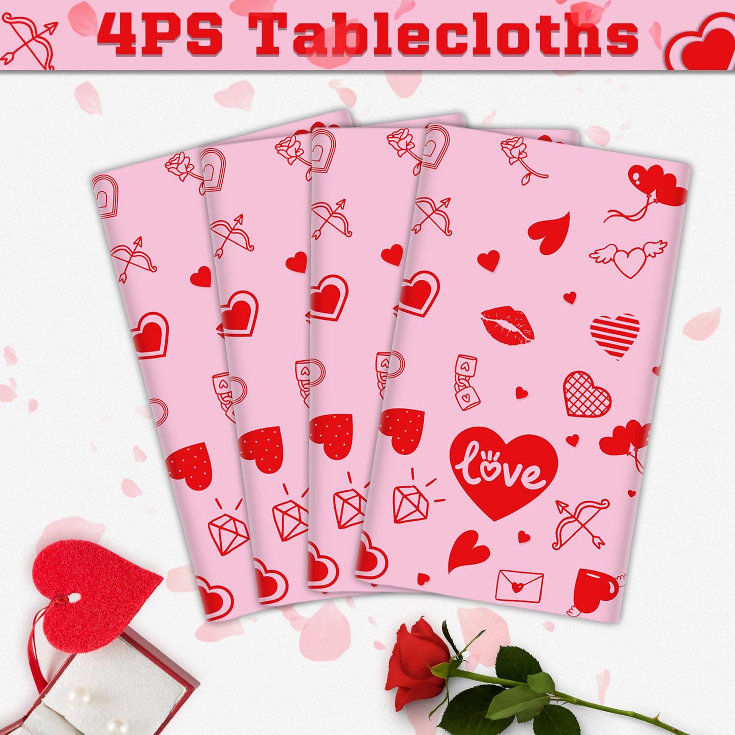 4 Pack Valentine'S Day Tablecloth Valentine Love Heart Tablecloth Valentines Day Party Decoration Love Heart Table Cover Valenti