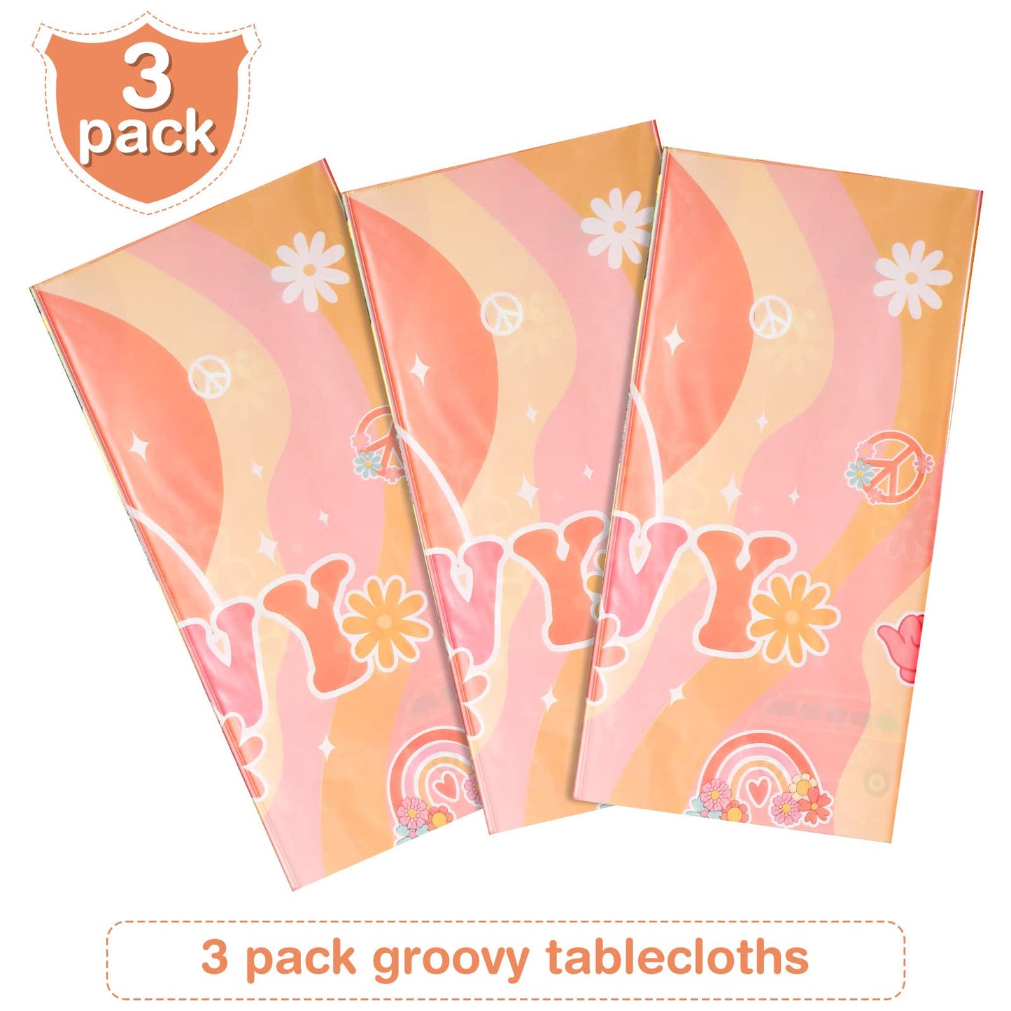 Tiamon 3 Pieces Rainbow Plastic Groovy Tablecloths Retro Hippie Table Covers for Rectangle Table, Disposable Daisy Flower Rainbo