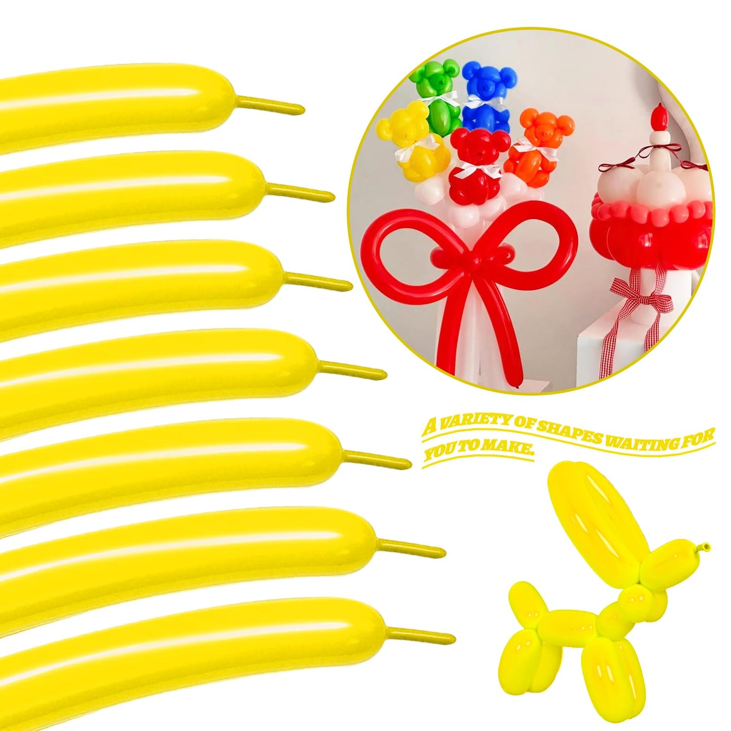 Lxzfcrg 260 Balloons Yellow Long Balloons For Balloon Animals, Thickening Long Skinny Latex Twisting Balloon For Balloon Garland