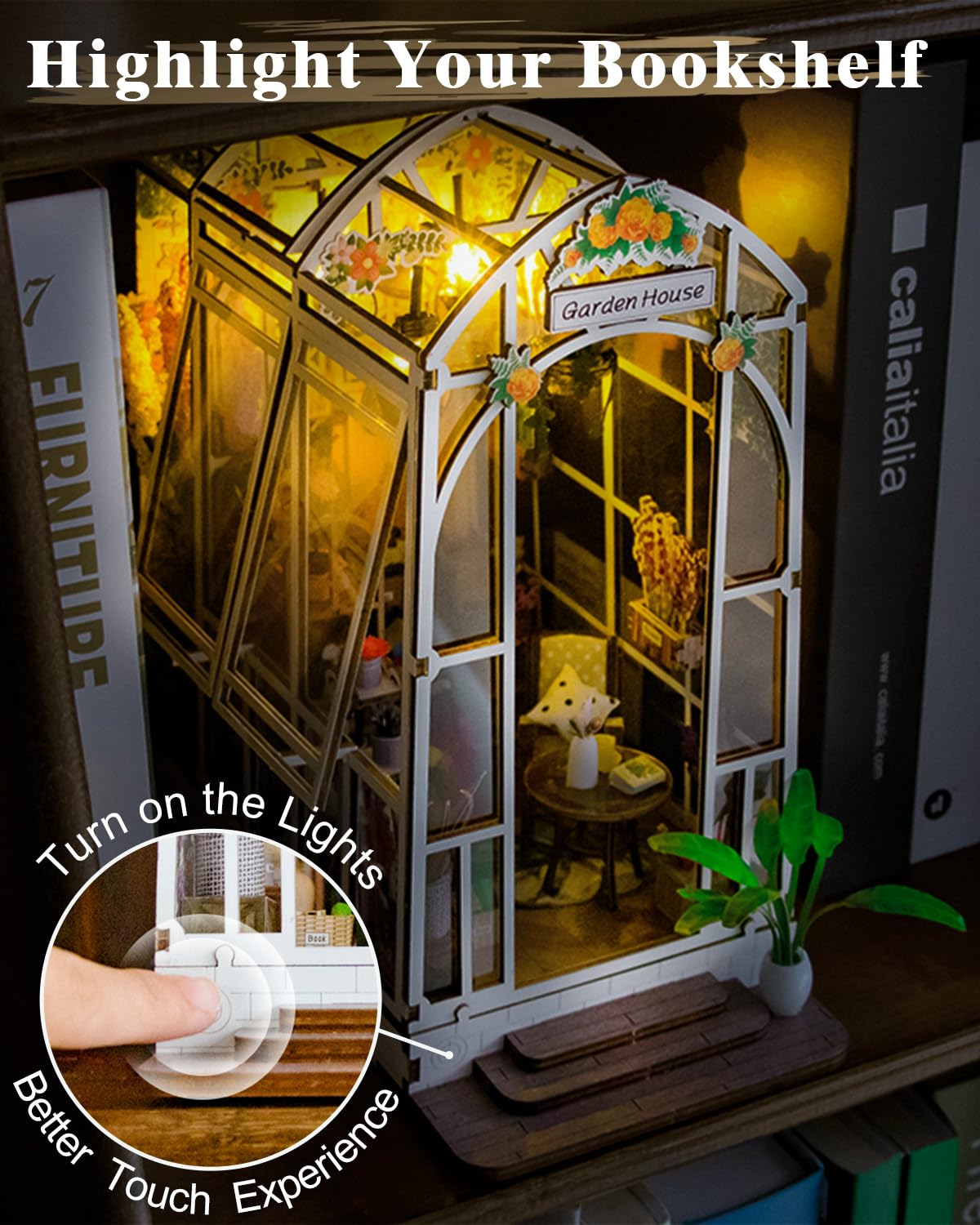 Ourmiao Book Nook Kit Garden House, Diy Miniature Book Nook Kits For Adults With Led Light, 3D Puzzle Bookshelf Decor Gift For T