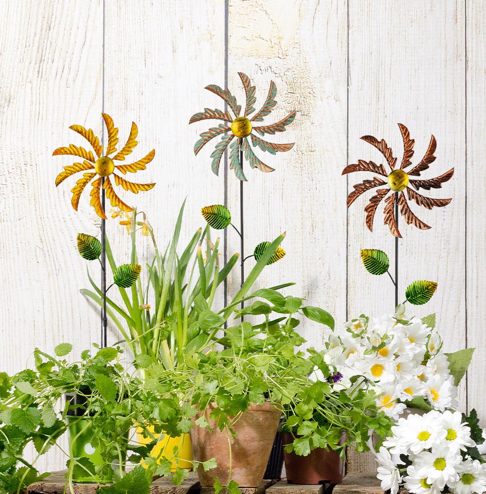Stargarden 3Pcs Metal Wind Spinners Outdoor, Garden Pinwheels For Yard, Small Windmills Decorative Garden Stakes For Yard Lawn P
