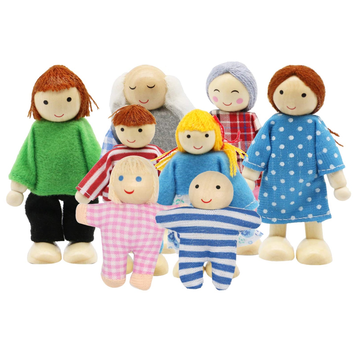 Lovely Family Dollhouse Dolls Set Of 8 Wooden Figures, Kids Girls Happy Playset Characters Accessories For Children Pretend Gift
