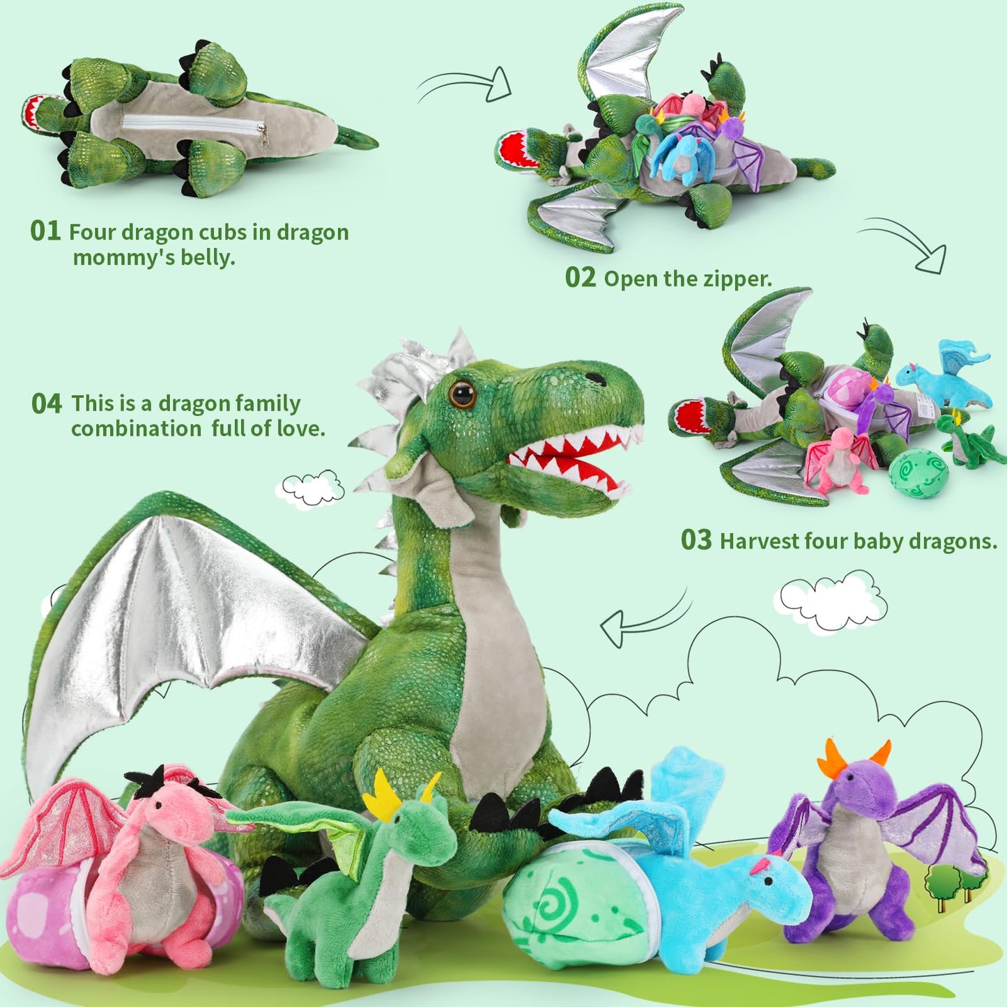 Karister 7Pcs Dragon Plush Toy Set,Dinosaur Stuffed Animal For Boys,Girls,Dragon Stuffed Animal With 4 Baby Dragons & 2 Dragon E