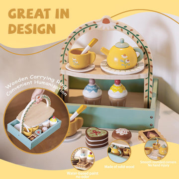 Masonbaby Tea Party Set,Tea Sets for Toddlers 3-5,Kids Tea Set with Dessert Cookies & Cake Stand, Non-Toxic Wooden Tea Party Set