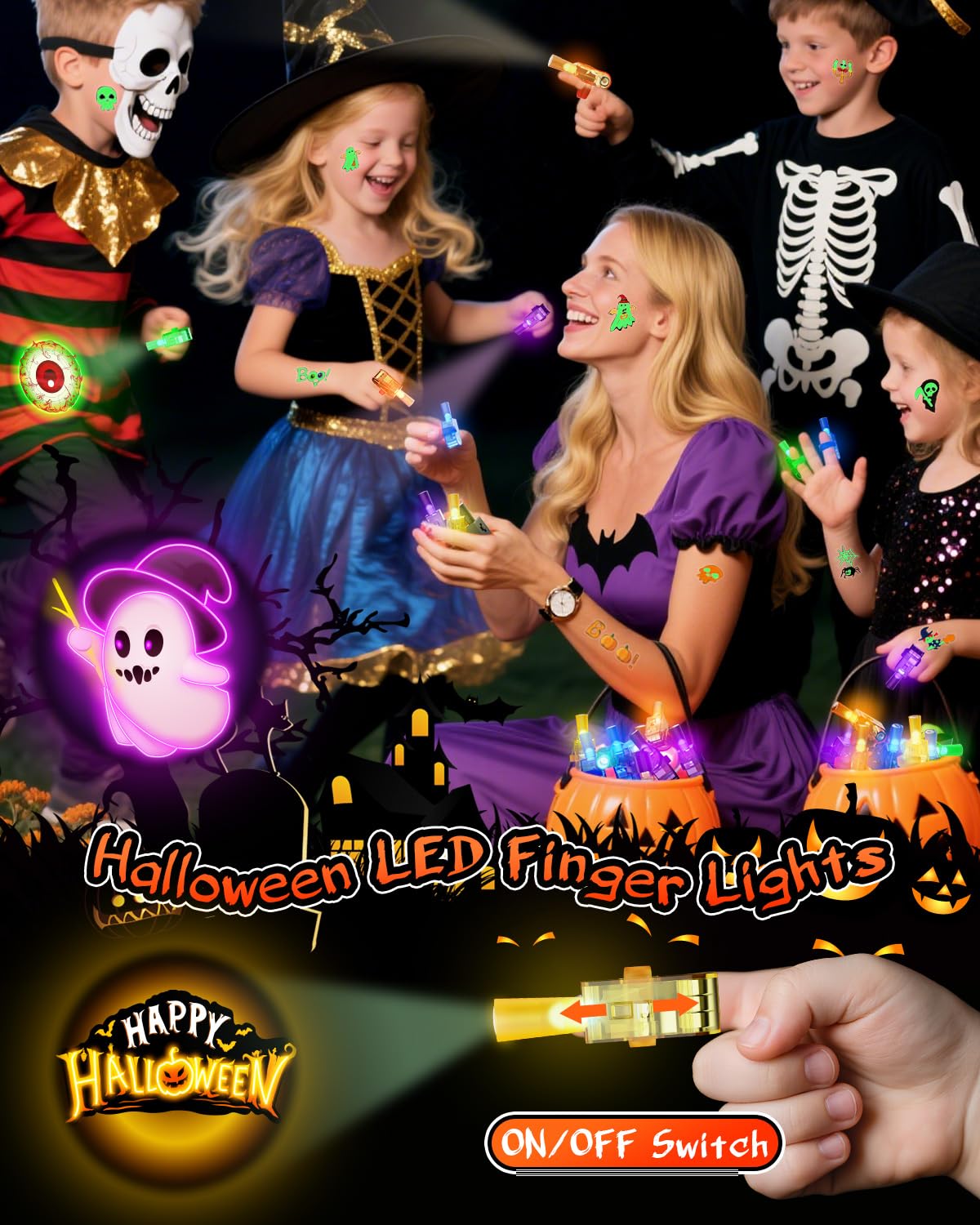 36 Pack Halloween Party Favors for Kids - LED Finger Lights & Glow in The Dark Tattoos Set, Non-Candy Treats, Trick or Treat Gif