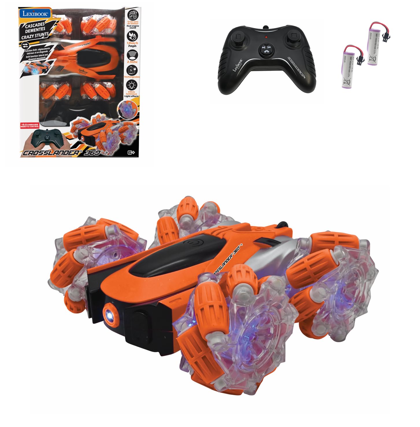 Lexibook - Crosslander Glow-in-The-Dark Radio Control car, Remote Control, Rechargeable, Electronic Action Game, Orange/Black, R