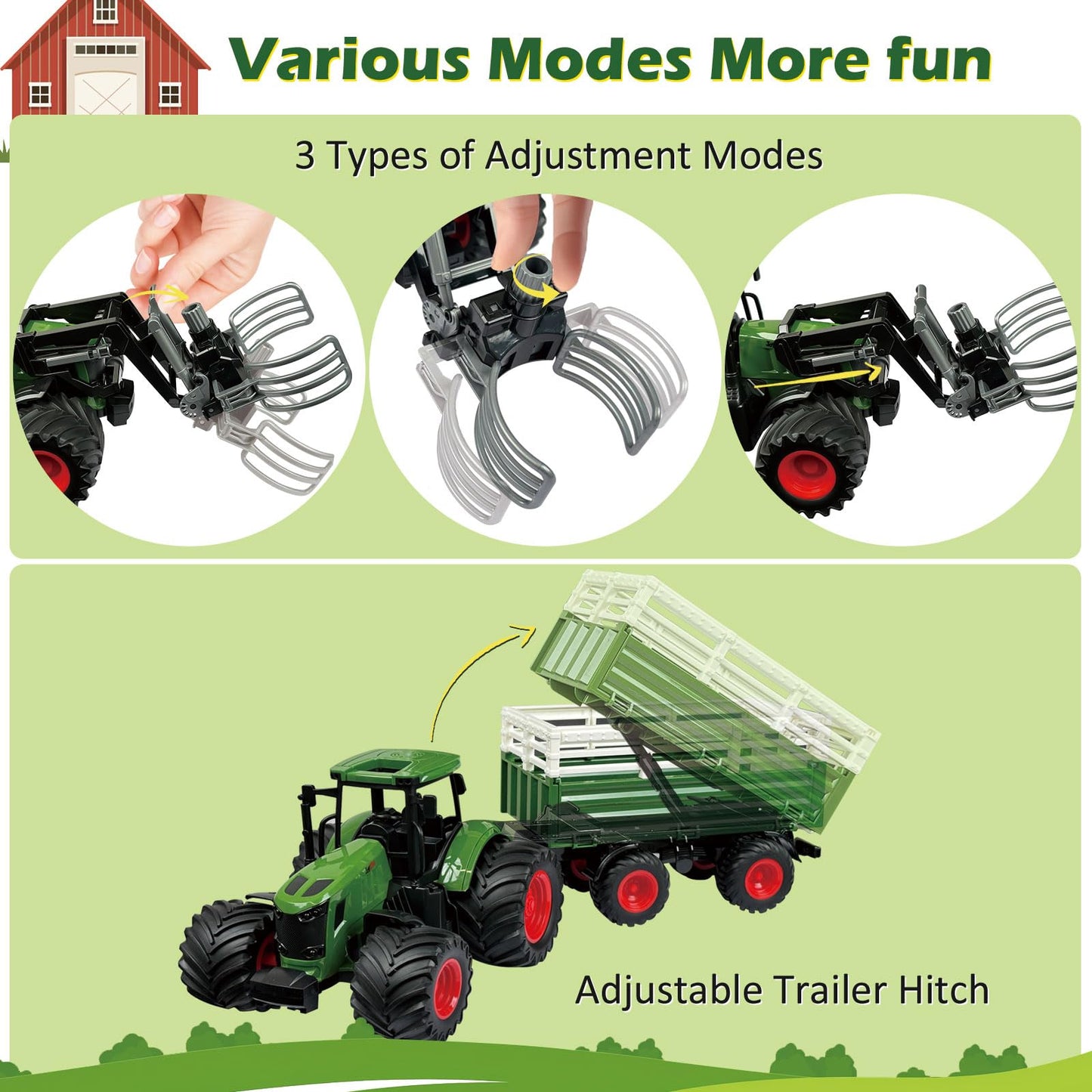 Joylike Farm Tractor Playset, 62 Pcs Farm Toy Set For Kids With 1/24 Tractor, Dumpable Traile, Bale Grapple, Big Barn, Farm Life