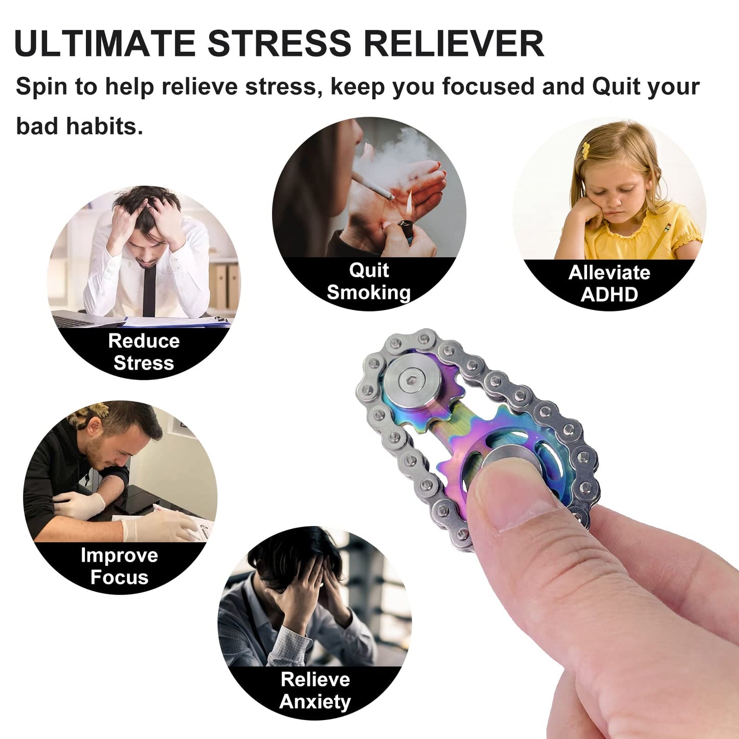 Bike Chain Gear Fidget Spinner  Metal Sprocket Chain Fidget Toy  Stress Anxiety Relief Fidget Toy  Stainless Steel Durable Mechanics W/Smooth Bearings EDC Novelty Toy (Colorful)