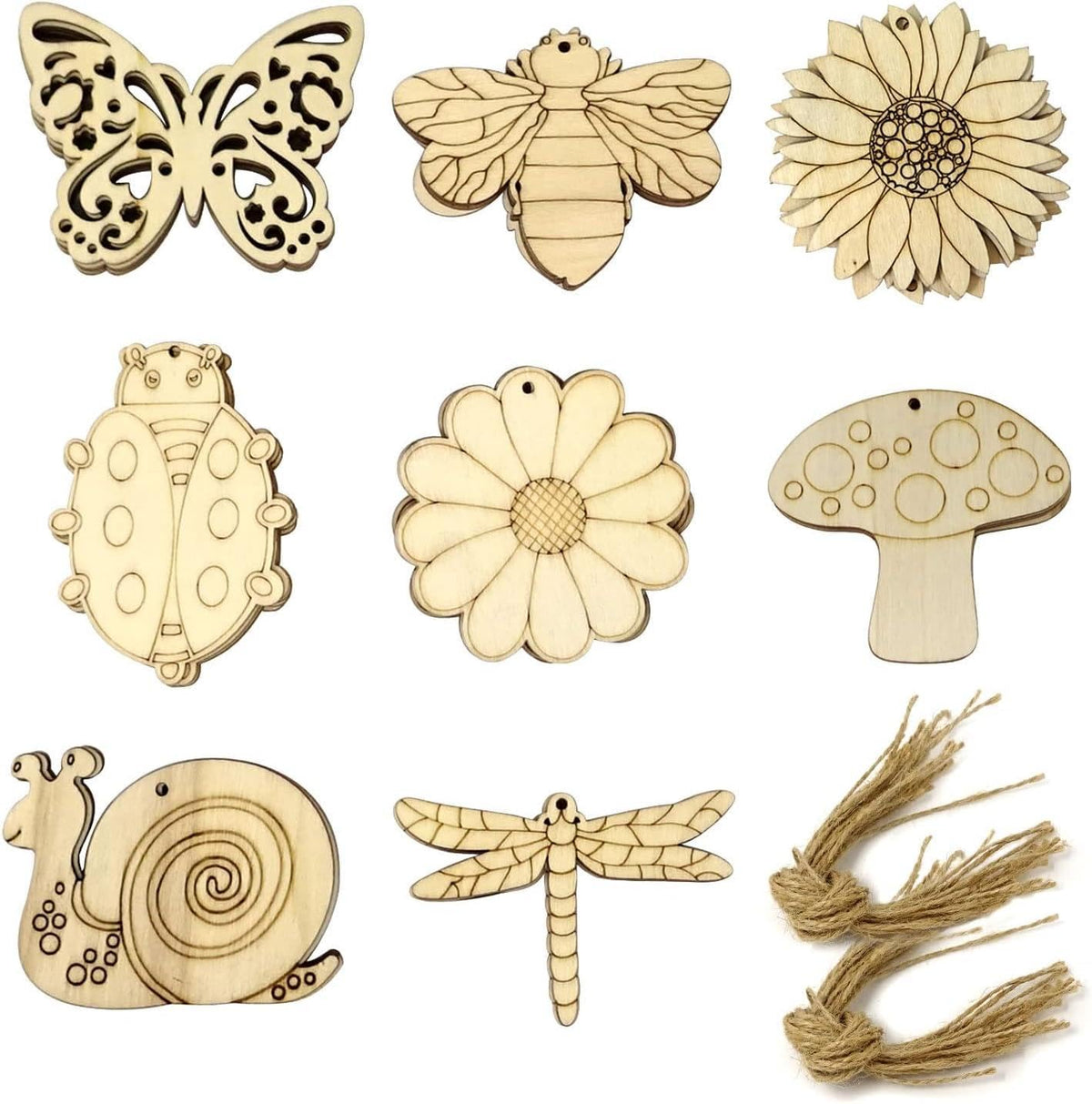 Haoser 16 Pc Unfinished Wooden Cutouts 8 Styles Butterfly Bee Sunflowers Spring Wood Slices Hanging Ornaments Blank Wooden Paint