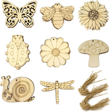 Haoser 16 Pc Unfinished Wooden Cutouts 8 Styles Butterfly Bee Sunflowers Spring Wood Slices Hanging Ornaments Blank Wooden Paint