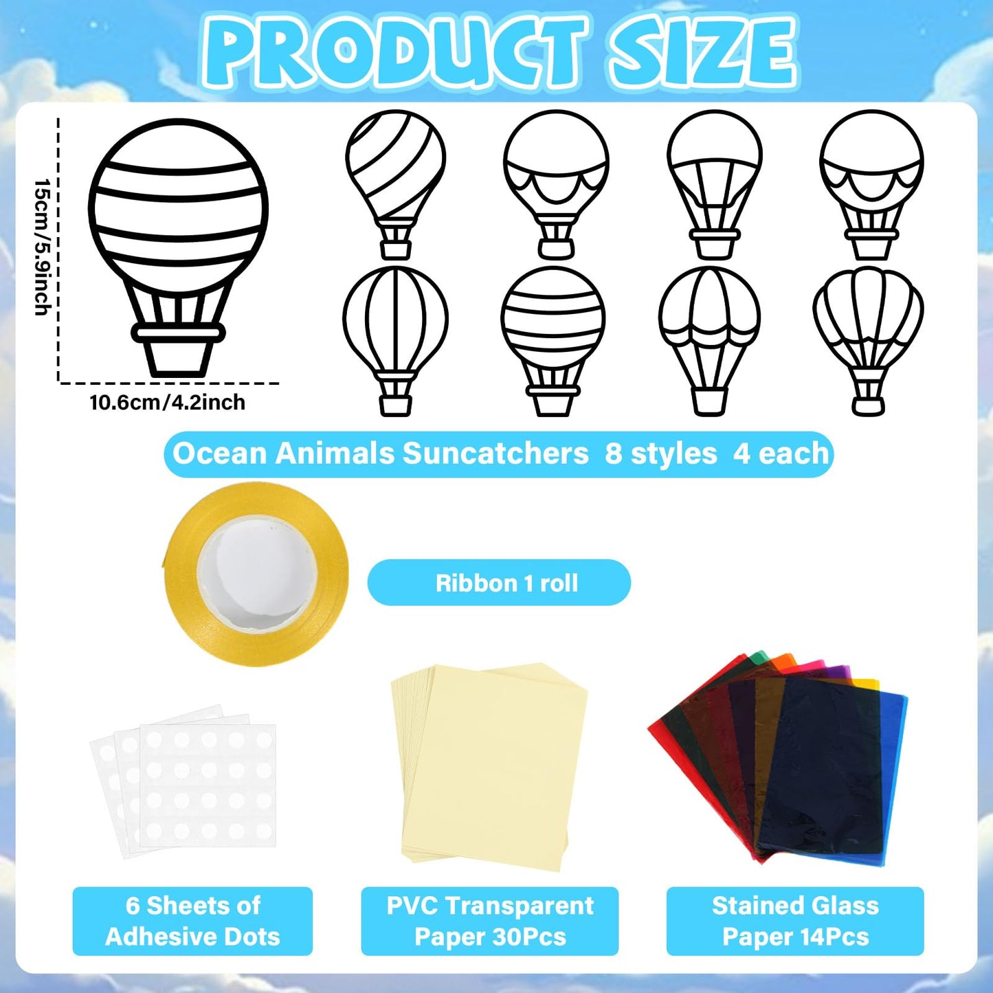 QOUBAI 32 Sets Air Balloons Suncatchers Craft Kit DIY Window Stained Glass Effect Hot Air Balloons VBS Paper Craft Home School C