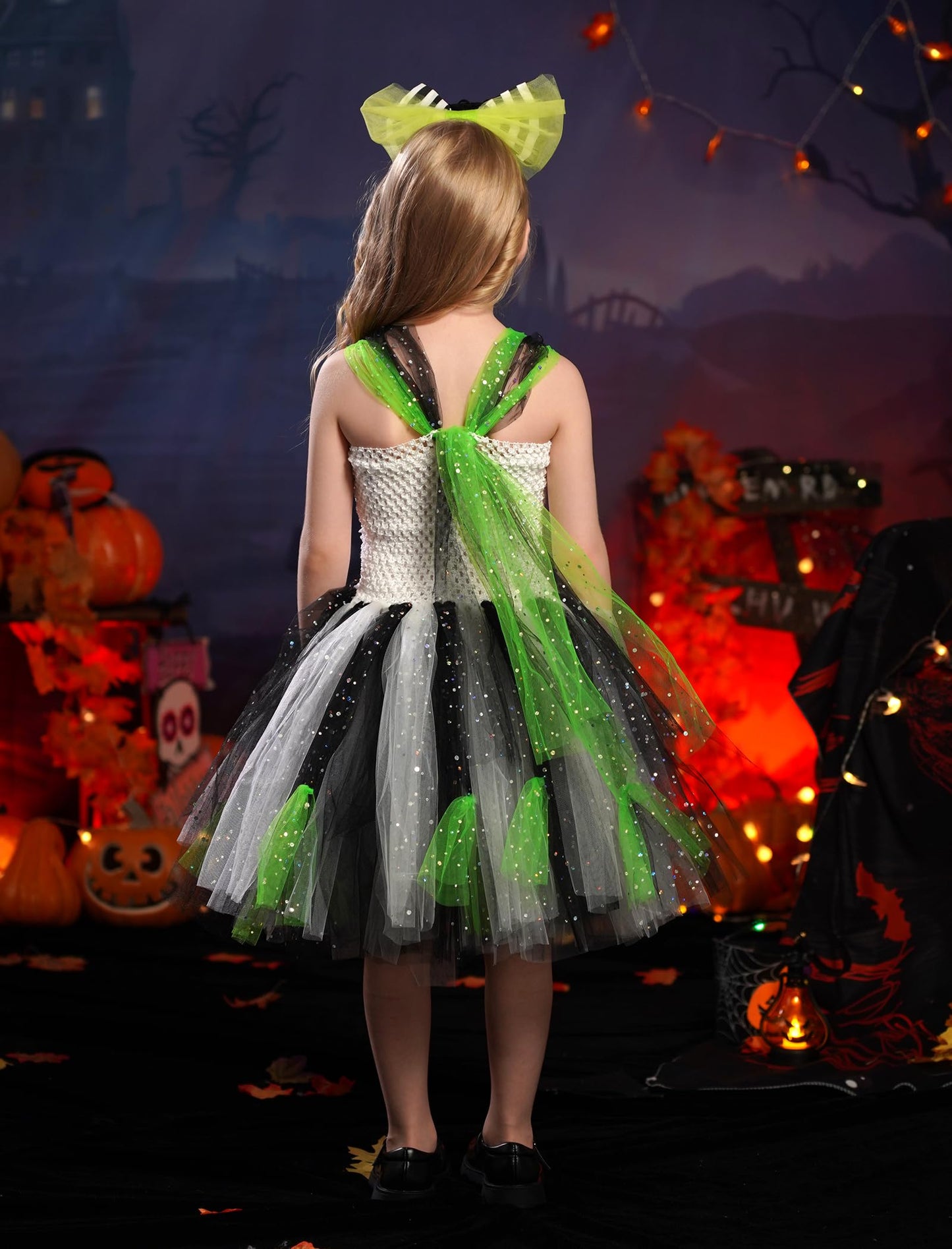 Obeeii Kids Girls Halloween Costume Black White Stripe Tulle Tutu Dress With Headband Set Carnival Fancy Dress Black White Strip