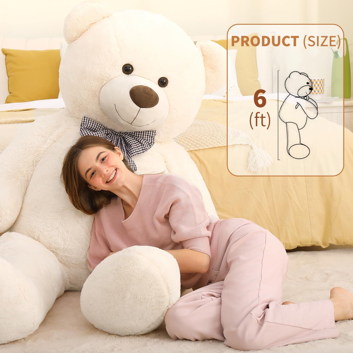 Maogolan Giant White Teddy Bear Stuffed Animal 6 Feet,Soft Cuddly Smiling Face Big Life Size Valentines Teddy Bear Plush Gift For Boyfriend Girlfriend,Brithday