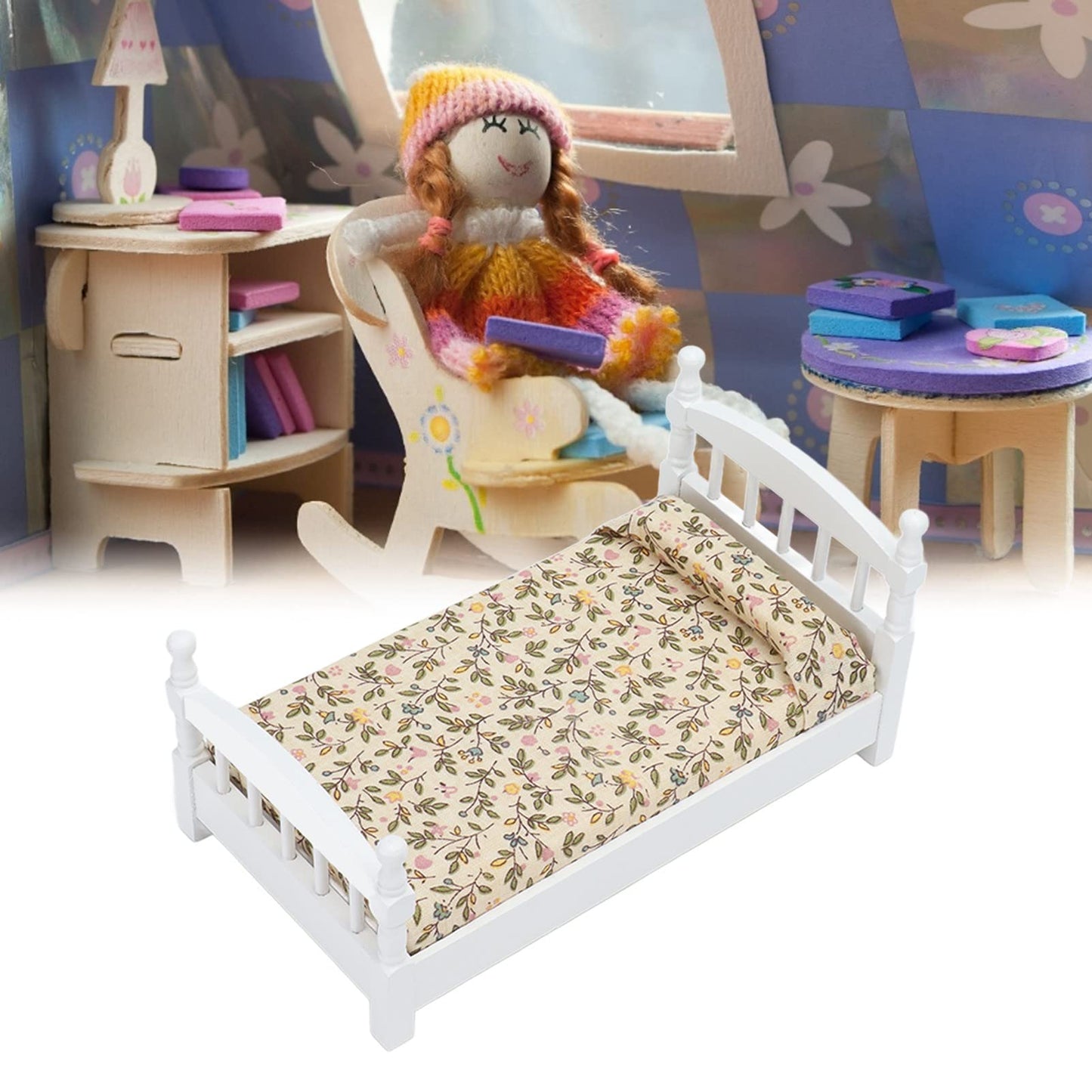 Wooden Doll House Bed 1: 12 Scale Miniature Bedroom Furniture Set With Mattress Pillows