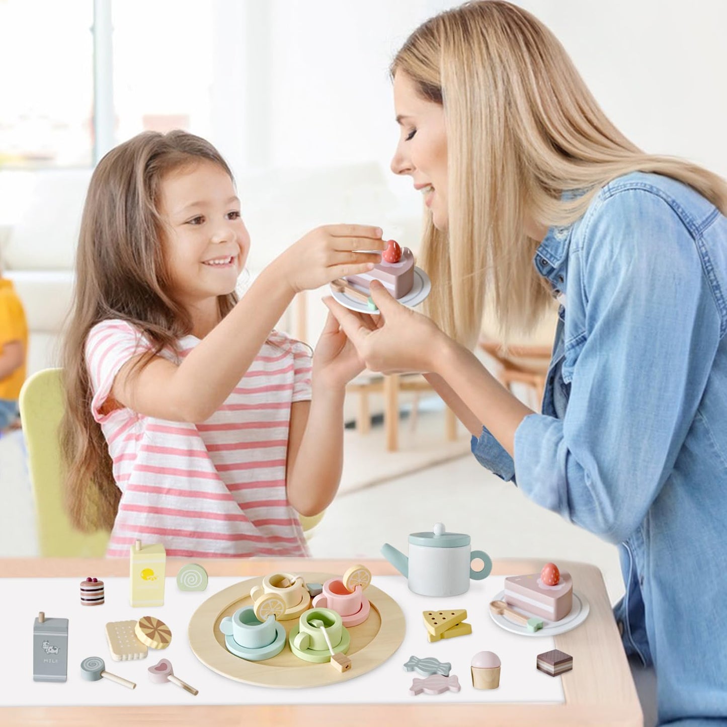 Smartwo Wooden Tea Party Set for Little Girls, 30 PCS Wooden Tea Set for Toddlers 3-5, Pretend Play Kids Wood Tea Set Toy, Play