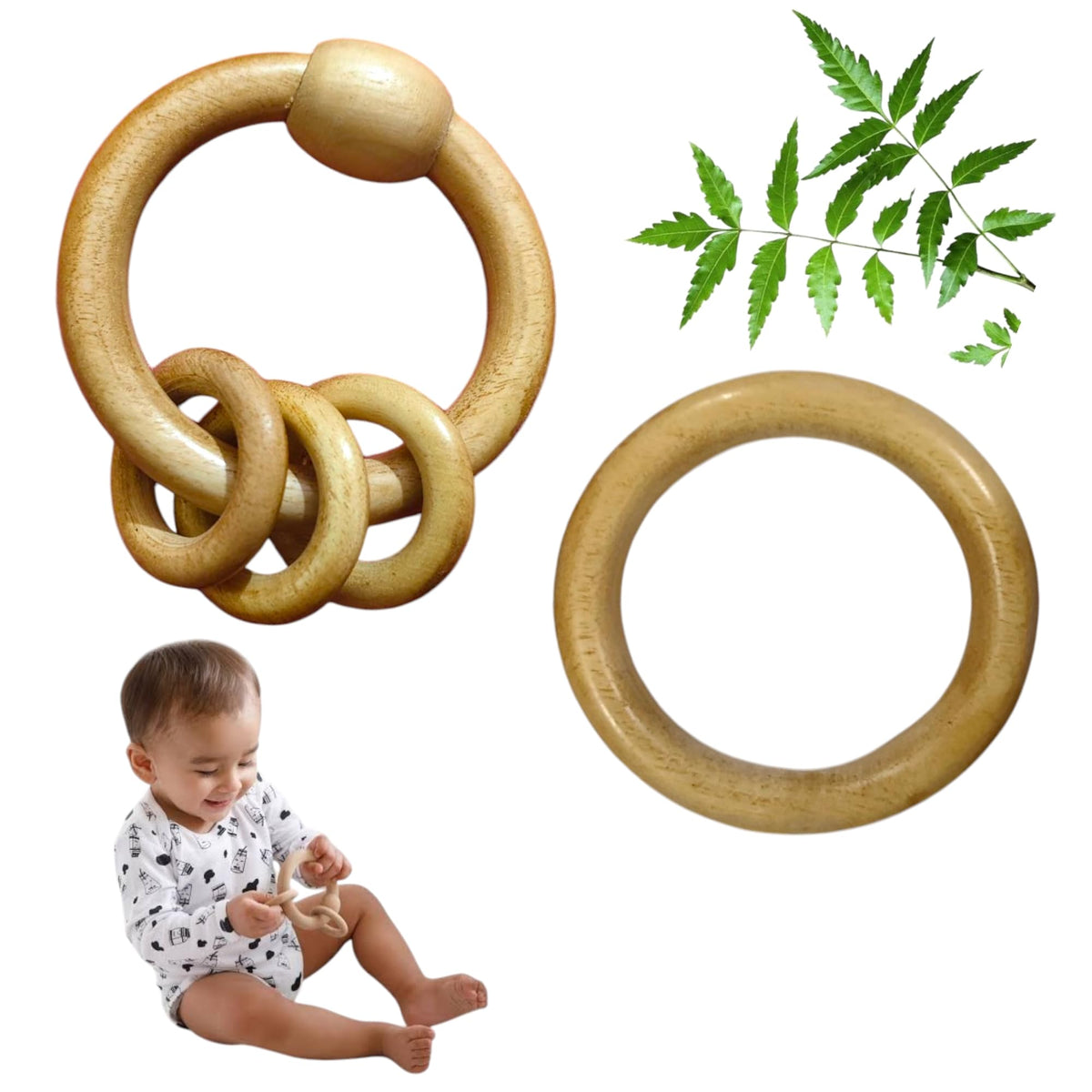 Natural Wooden Baby Teething Ring Rattle, Eco Wood Sensory Toy For Infants
