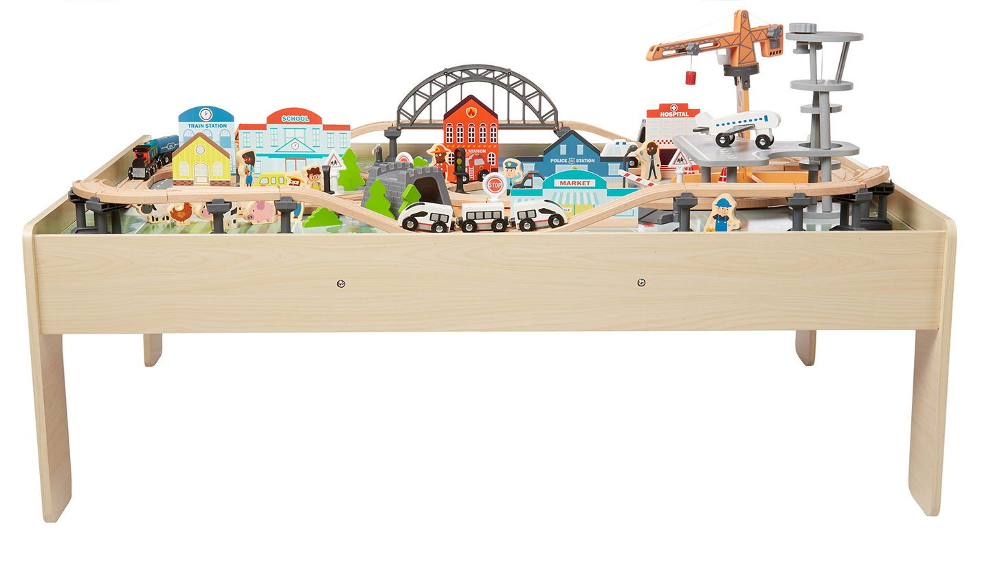Amazon Basics 120-Piece Wooden Train Set with Table, Multi-Activity, 47.4 x 33.46 x 16.14 inches, Storage Bin, Model 838385