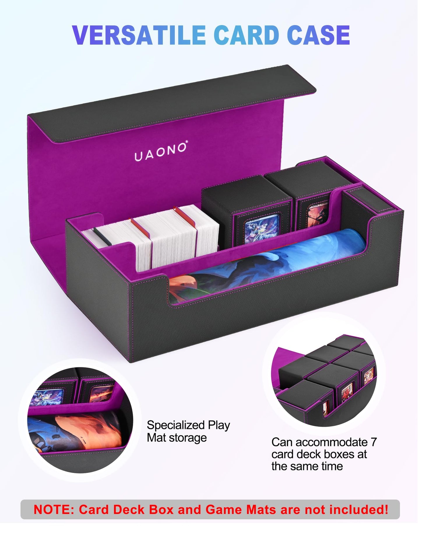 UAONO Trading Card Storage Box for MTG  Fits 7 Pcs Small Commander Deck Box  Large Card Deck Case with Dice Box for TCG PTCG Magic Sports Cards Game Playmat (Black  Purple)