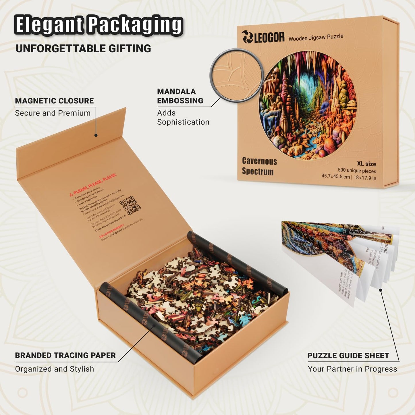 Cavernous Spectrum - 500 Piece Wooden Puzzles for mature-themeds - 18 x 17.9 in - Extra-Thick 5 mm Wood Puzzle  Hand-Shaped Pieces  Round XL Mosaic Design - enhanced Gift for Puzzle Lovers by LEOGOR