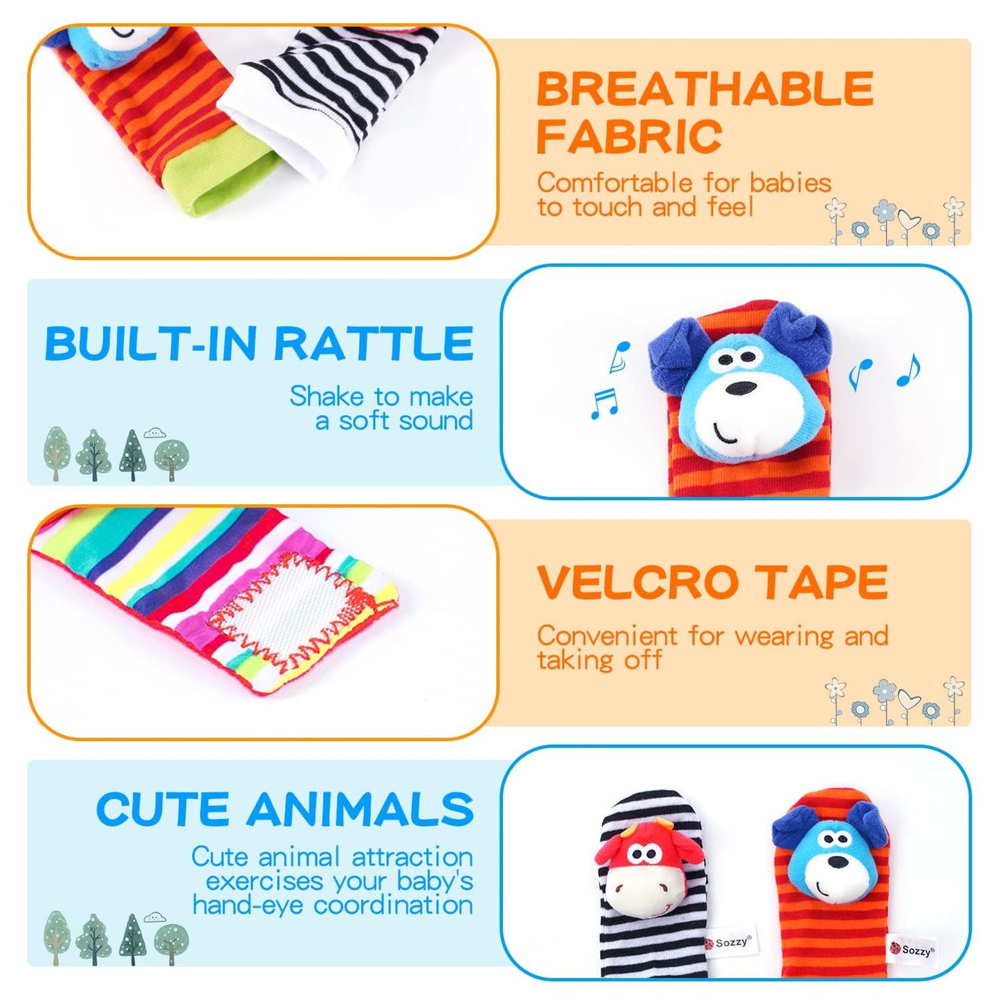 Little Treasures and Play Soft Wrist Rattle & Foot Finder Socks Set - Cotton Plush Infant Toys for Newborns 0-12 Months  Baby Shower Gifts for Boys & Girls  Hand & Feet Rattles for 3 Month Plus