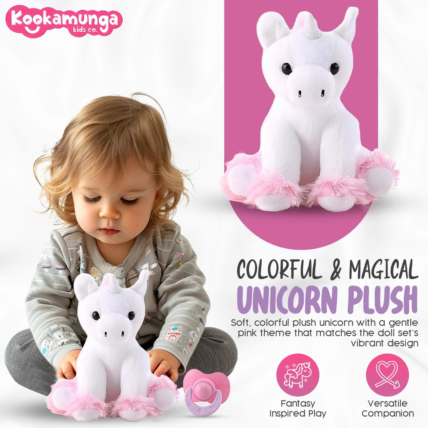 Kookamunga Kids 18 Inch Baby Doll Set - Realistic Baby Doll - Baby Dolls For 2 Year Old Girls & Boys And Up - Comes W/ Soft Baby Doll - Toy Baby Bottle - Diaper Bag - Blanket Pacifier & Unicorn Toy