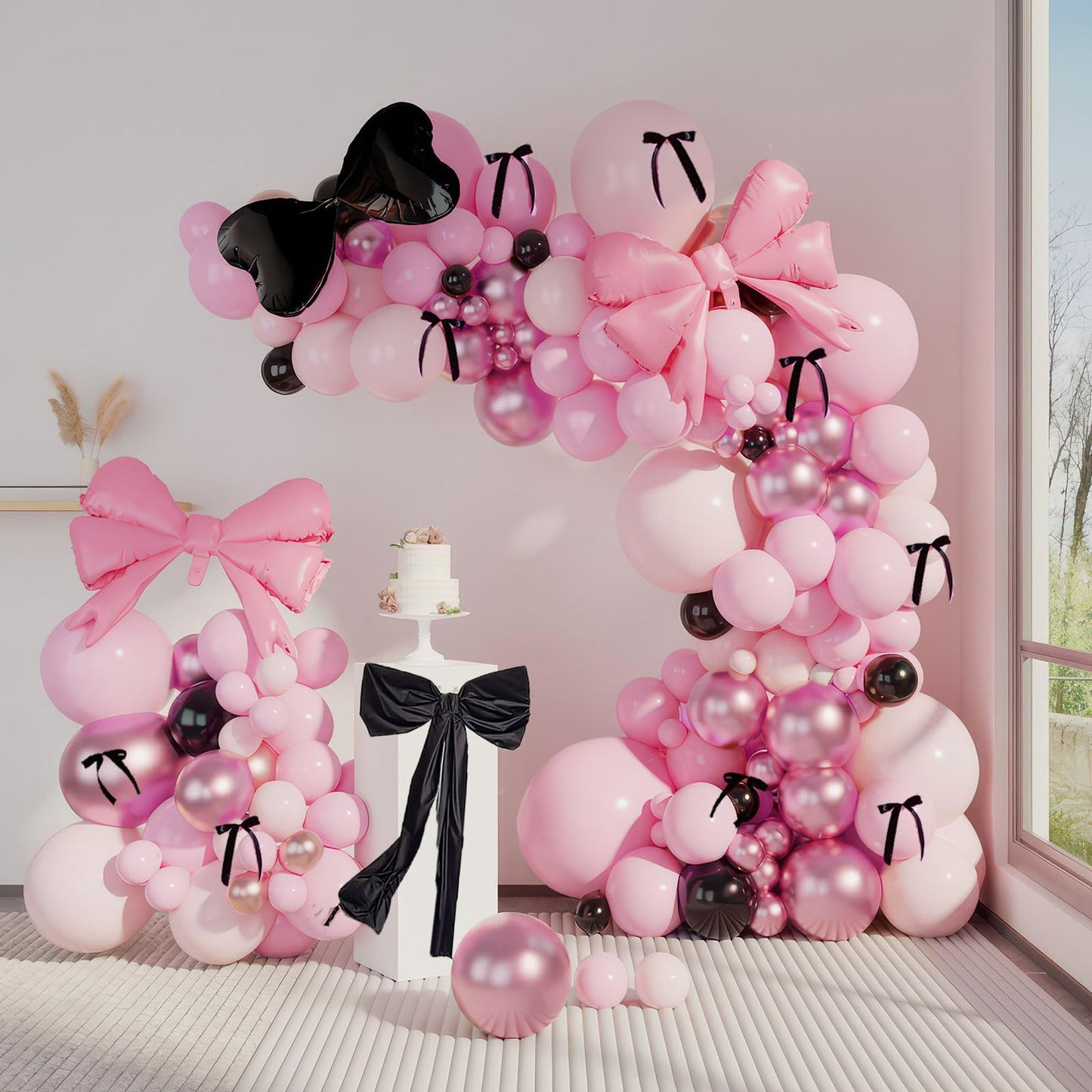 coquette birthday decoration 150pcs balloon garland arch kit with pink black bow cake topper ribbon bow tie and mylar foil ballo