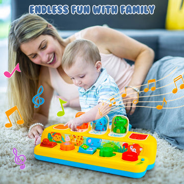 Hieoby Interactive Pop-up Animal Toys with Music & Light, Montessori STEM Toys for 1-2 Year Olds, Yellow, Medium Educational Gift